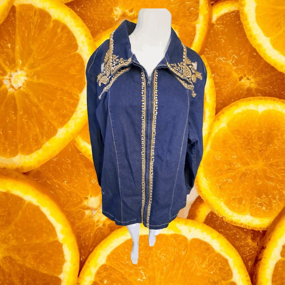 Vintage Victor Costa‎ Denim With Gold Embroidered Full Zip Jacket Size 1X
